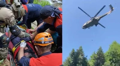 Bursa'da şelaleye d&uuml;şt&uuml; helikopterle kurtarıldı