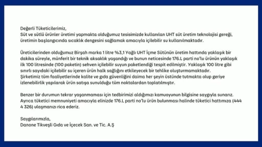 Danone&rsquo;nin &uuml;rettiği s&uuml;tten su &ccedil;ıktı

