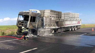 Diyarbakır&rsquo;da seyir halindeki tuğla y&uuml;kl&uuml; kamyon alev topuna d&ouml;nd&uuml;
