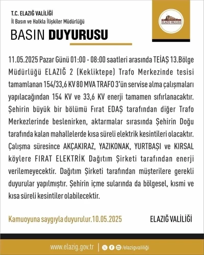 Elazığ&rsquo;da elektrik kesintisi yaşanacak
