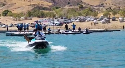 Elazığ&rsquo;da sahibiyle jet ski turu atan k&ouml;pek g&uuml;l&uuml;msetti