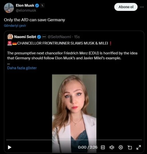 Elon Musk: "Almanya&rsquo;yı yalnızca AfD kurtarabilir"
