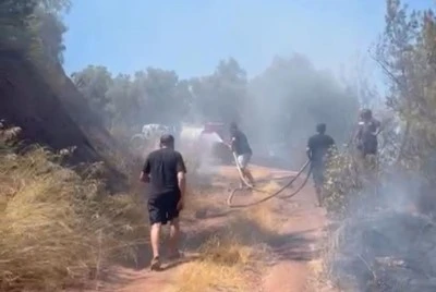 Gemlik'te ormanlık alanda &ccedil;ıkan yangına k&ouml;yl&uuml;ler m&uuml;dahale etti