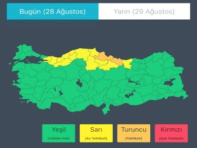 İ&ccedil;işleri Bakanlığı'ndan 28-29 Ağustos tarihleri i&ccedil;in sağanak uyarısı