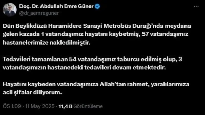 İl Sağlık M&uuml;d&uuml;r&uuml; G&uuml;ner: "Metrob&uuml;s kazasında 1 vatandaşımız hayatını kaybetti, 57 vatandaşımız yaralandı"
