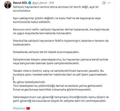 İstanbul Valisi Davut G&uuml;l: "Sahipsiz hayvanların y&uuml;zde 46&rsquo;sı toplanmıştır; kalanların tamamı da toplanacaktır"
