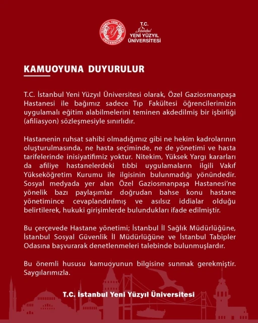 İstanbul Yeni Y&uuml;zyıl &Uuml;niversitesinden sosyal medyadaki iddialarla ilgili a&ccedil;ıklama
