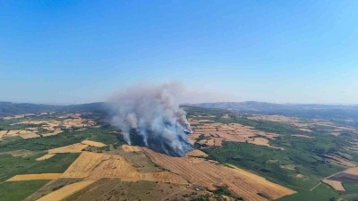 İzmir otoyolunun yanı başındaki yangına 3 helikopter m&uuml;dahale etti