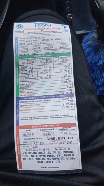 Kapaklı&rsquo;da şoke eden su faturası: Evine 268 bin lira su faturası geldi
