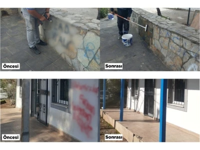 Kent estetiğini bozan yazılar ve resimler belediye ekiplerince temizleniyor