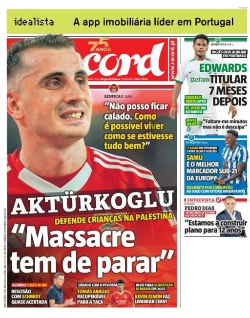 Kerem Akt&uuml;rkoğlu&rsquo;nun Filistin paylaşımını Portekiz basını manşete taşıdı
