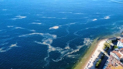 Kınalıada a&ccedil;ıklarında m&uuml;silaj alarmı, deniz salyası havadan g&ouml;r&uuml;nt&uuml;lendi
