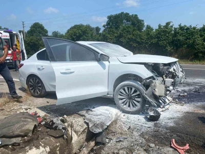 Kontrolden &ccedil;ıkan otomobil ref&uuml;je &ccedil;arpınca alev aldı