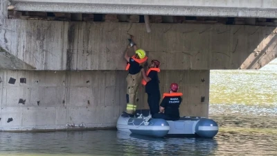 K&ouml;pr&uuml; altında ipe takılarak mahsur kalan g&uuml;vercini itfaiye ekipleri kurtardı