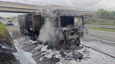 Lastiği patlayarak alev alan tır k&uuml;le d&ouml;nd&uuml;
