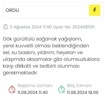 Meteoroloji&rsquo;den Ordu i&ccedil;in sarı uyarı
