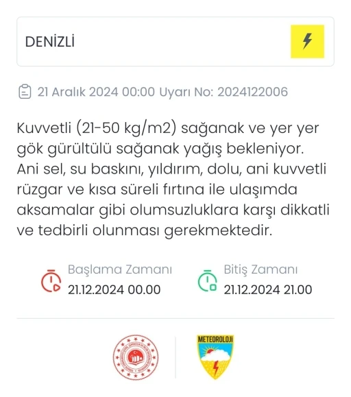 Meteoroloji Denizli i&ccedil;i sarı uyarı verdi
