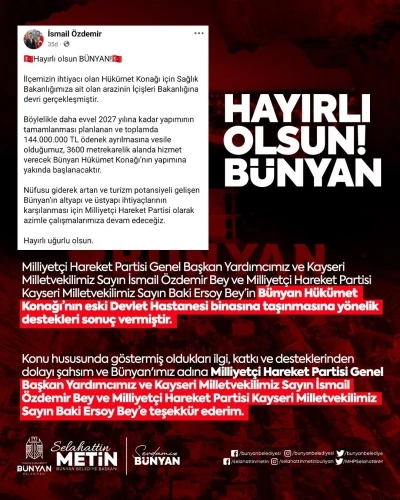 MHP&rsquo;li &Ouml;zdemir&rsquo;den B&uuml;nyan&rsquo;a h&uuml;k&uuml;met konağı m&uuml;jdesi
