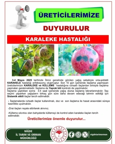 Niğde Tarım İl M&uuml;d&uuml;rl&uuml;ğ&uuml;&rsquo;nden Karaleke Uyarısı: &Uuml;reticiler ila&ccedil;lama yapmalı
