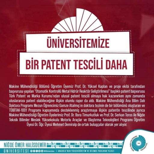 N&Ouml;H&Uuml;&rsquo;ye bir ulusal patent tescili daha
