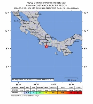 Panama-Kosta Rika sınırında 5.7 b&uuml;y&uuml;kl&uuml;ğ&uuml;nde deprem
