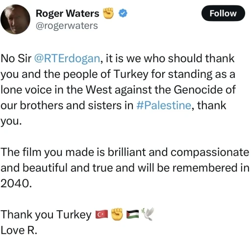 Pink Floyd&rsquo;un solisti Waters&rsquo;dan Cumhurbaşkanı Erdoğan&rsquo;a &ldquo;Filistin&rdquo; teşekk&uuml;r&uuml;
