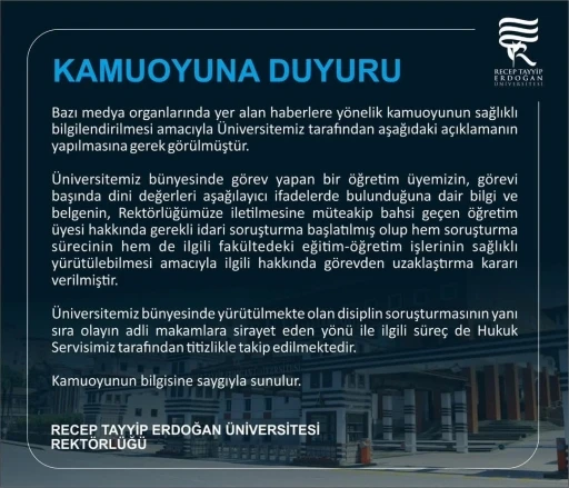RTE&Uuml;&rsquo;den İslamiyet&rsquo;i aşağılayıcı ifadeler kullandığı iddia edilen akademisyen g&ouml;revden uzaklaştırıldı
