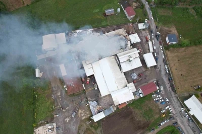 Sakarya&rsquo;da fındık kırım fabrikasındaki yangın havadan g&ouml;r&uuml;nt&uuml;lendi
