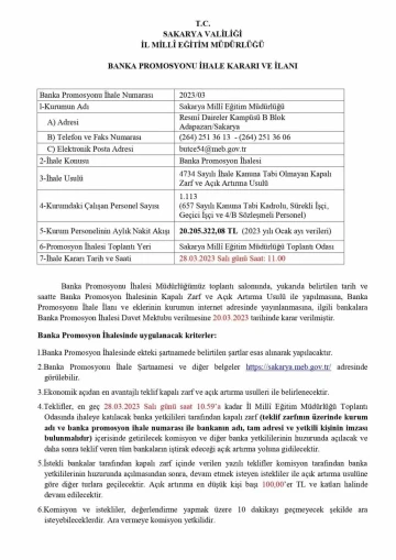 Sakarya İl Milli Eğitim, bin 113 personeli i&ccedil;in banka promosyonu ihalesine &ccedil;ıkıyor
