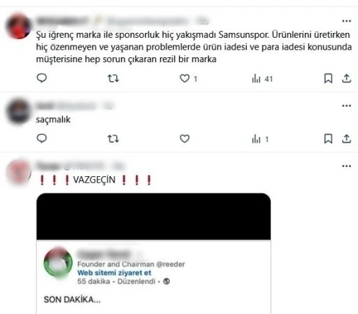 Samsunspor taraftarlarından &rsquo;Reeder&rsquo; tepkisi: &ldquo;Başka firma bulamadınız mı?&rdquo;
