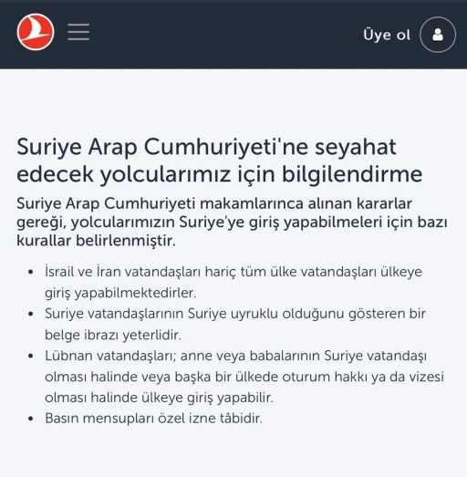 THY, Suriye&rsquo;ye İran ve İsrail vatandaşlarını taşımayacak
