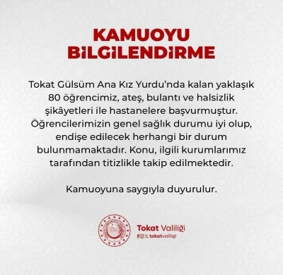 Tokat&rsquo;ta 80 kız &ouml;ğrenci ateş ve bulantı şikayetleriyle hastanelere başvurdu
