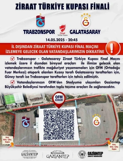 T&uuml;rkiye Kupası finaline ara&ccedil;larıyla gelecek taraftarlar i&ccedil;in Gaziantep&rsquo;teki otopark alanları belirlendi

