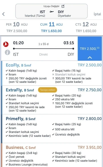 U&ccedil;ak biletlerinde tavan fiyat 2 bin 500 TL oldu
