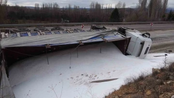 Virajı alamayan g&uuml;bre y&uuml;kl&uuml; tır devrildi: 1 yaralı
