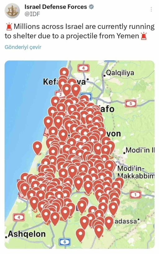 Yemen&rsquo;den İsrail&rsquo;e yeni f&uuml;ze saldırısı
